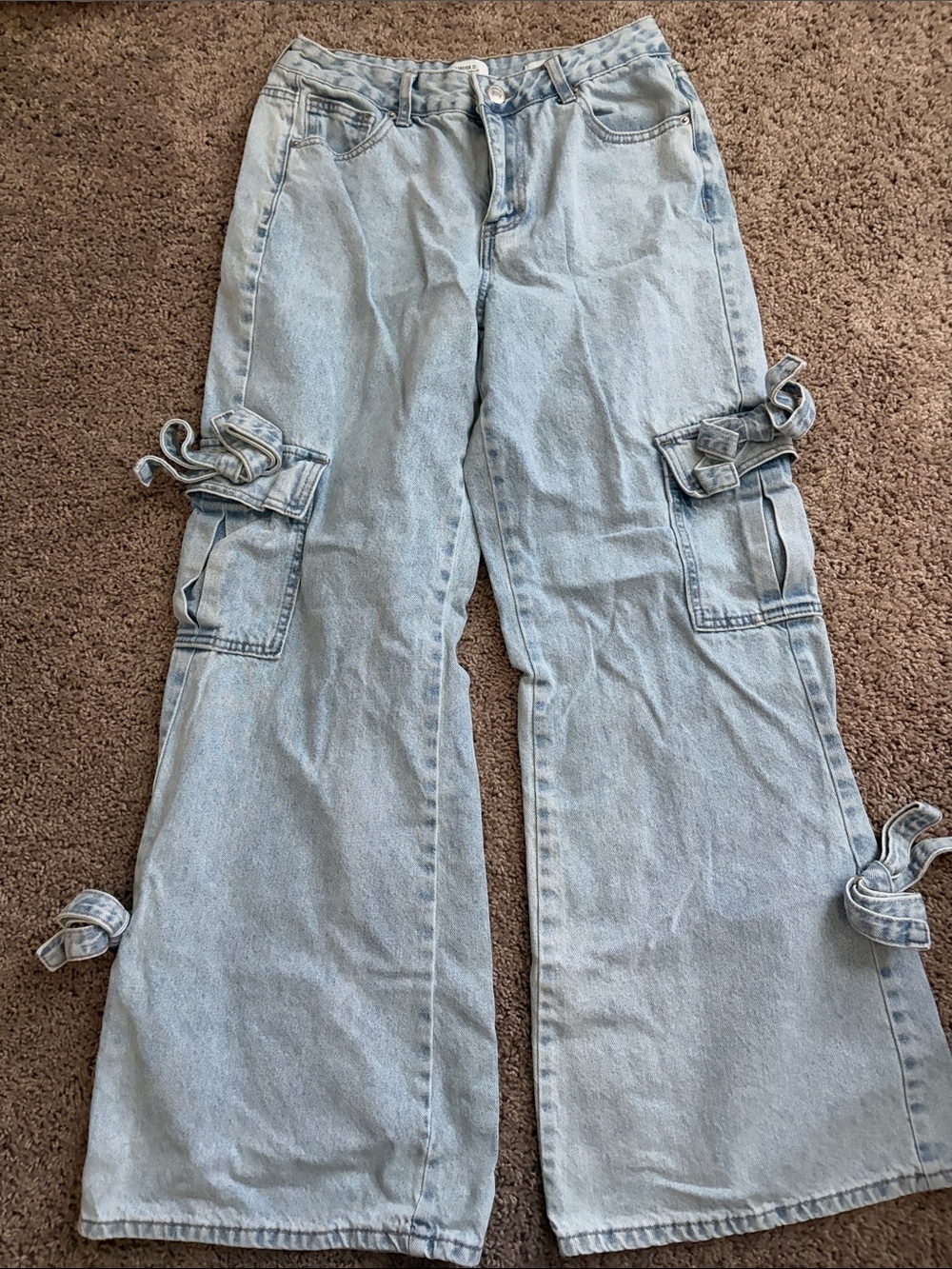 Forever 21 Light Blue Wide-Leg Cargo Jeans with Side Ties